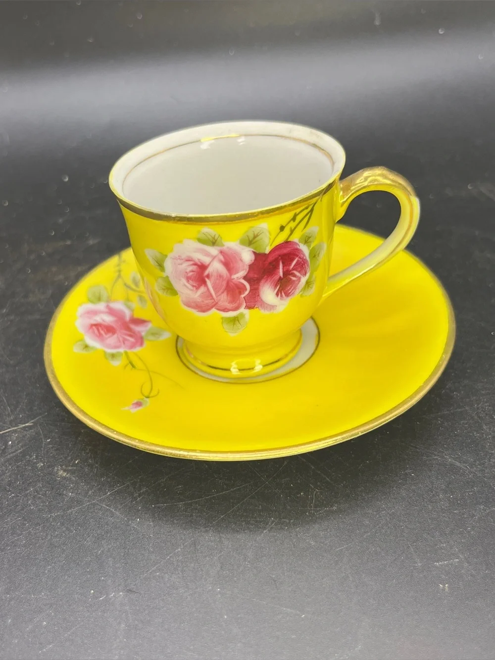 Vintage Shofu China Yellow Teacup Saucer Set Hand Painted Roses Occupied Japan